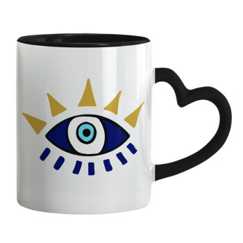blue evil eye, Mug heart black handle, ceramic, 330ml