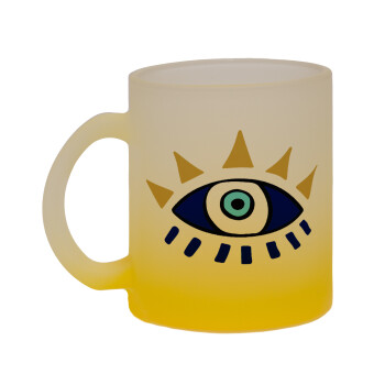 blue evil eye, Κούπα γυάλινη δίχρωμη με βάση το κίτρινο ματ, 330ml