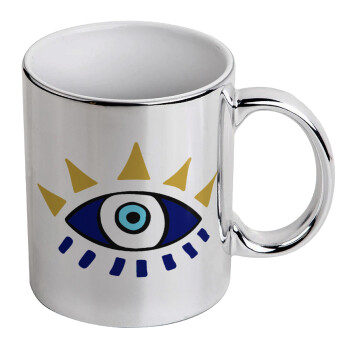 blue evil eye, Mug ceramic, silver mirror, 330ml