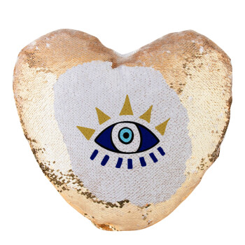 blue evil eye, Μαξιλάρι καναπέ καρδιά Μαγικό Χρυσό με πούλιες 40x40cm περιέχεται το  γέμισμα