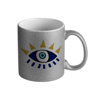 blue evil eye, Κούπα Ασημένια Glitter που γυαλίζει, κεραμική, 330ml