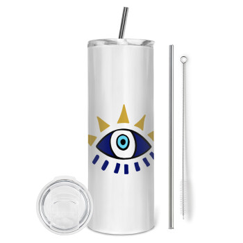 blue evil eye, Eco friendly stainless steel tumbler 600ml, with metal straw & cleaning brush