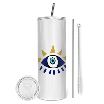 blue evil eye, Tumbler stainless steel 600ml, with metal straw & cleaning brush