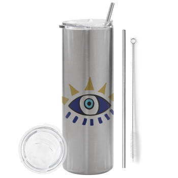 blue evil eye, Tumbler stainless steel Silver 600ml, with metal straw & cleaning brush
