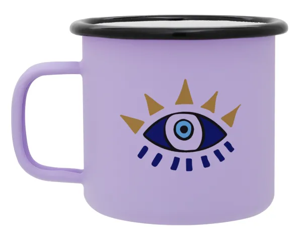 blue evil eye — Metal enamel mug, matte light pastel purple, 360ml