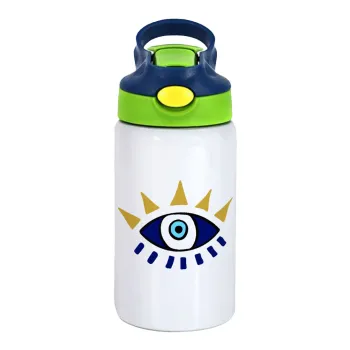 blue evil eye, Children's hot water bottle, stainless steel, with safety straw, green, blue (350ml)