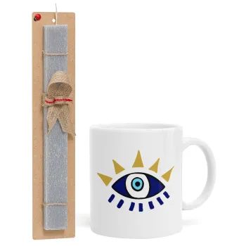 blue evil eye, Easter Set, Ceramic Cup (330ml) & Easter aromatic flat candle (30cm) (GRAY)