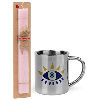 blue evil eye, Easter Set, metallic thermal cup (300ml) & aromatic flat Easter candle (30cm) (PINK)
