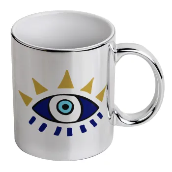 blue evil eye, Mug ceramic, silver mirror, 330ml