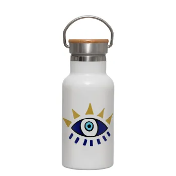 blue evil eye, Metallic thermos (Stainless steel) White with wooden lid (bamboo), double-walled, 350ml