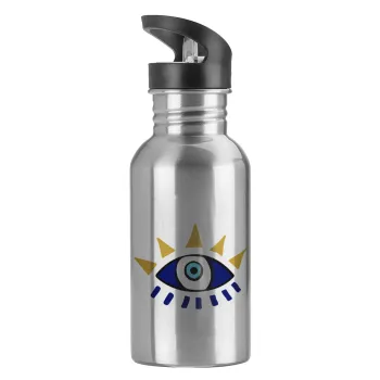 blue evil eye, Water bottle Silver with straw, stainless steel 600ml