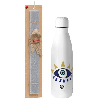 blue evil eye, Easter Set, metallic stainless thermos bottle (500ml) & scented flat Easter candle (30cm) (GRAY)
