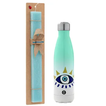 blue evil eye, Easter Set, Metallic green/white thermos (Stainless steel), double-walled, 500ml & scented flat Easter candle (30cm) (TURQUOISE)