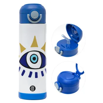 blue evil eye, Children's hot water bottle, stainless steel, with safety straw, BLUE (500ml)