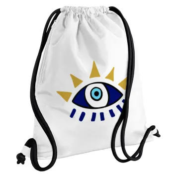blue evil eye, Backpack pouch GYMBAG white, with pocket (40x48cm) & thick cords