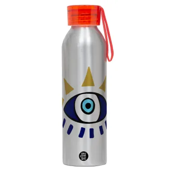 Μάτι, Αλουμινένιο Αθλητικό Μπουκάλι 650ml – Ασημί με Κόκκινο Καπάκι και Λουράκι Σιλικόνης