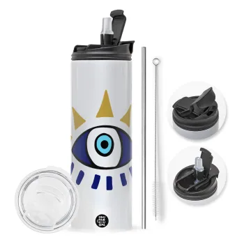 blue evil eye, Travel Tumbler 2 Lids, with metal straw & cleaning brush (Stainless steel 304 Food grade, BPA free, 600ml)