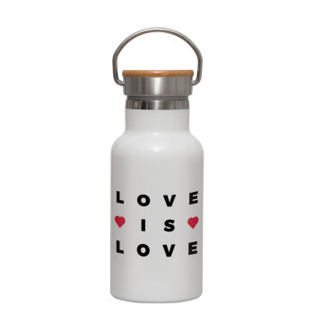 Love is Love, Metallic thermos (Stainless steel) White with wooden lid (bamboo), double-walled, 350ml