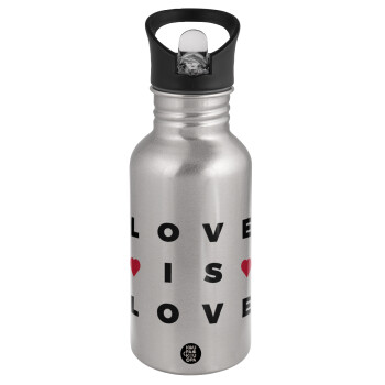 Love is Love, Water bottle Silver with straw, stainless steel 500ml