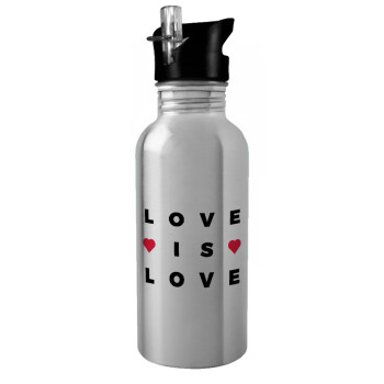 Love is Love, Water bottle Silver with straw, stainless steel 600ml