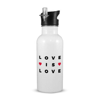 Love is Love, White water bottle with straw, stainless steel 600ml
