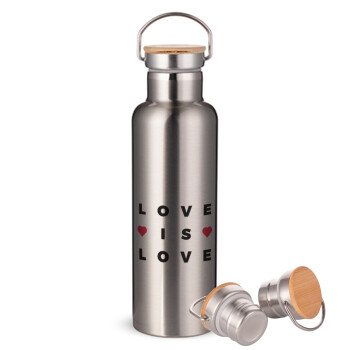 Love is Love, Stainless steel Silver with wooden lid (bamboo), double wall, 750ml