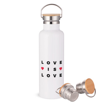 Love is Love, Μεταλλικό παγούρι θερμός (Stainless steel) Λευκό με ξύλινο καπακι (bamboo), διπλού τοιχώματος, 750ml
