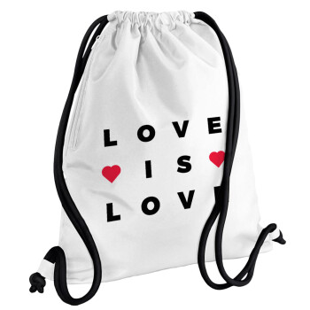 Love is Love, Τσάντα πλάτης πουγκί GYMBAG λευκή, με τσέπη (40x48cm) & χονδρά κορδόνια