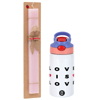 Love is Love, Easter Set, Children's thermal stainless steel water bottle with safety straw, pink/purple (350ml) & Easter scented flat candle (30cm) (PINK)