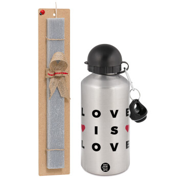 Love is Love, Easter Set, metallic silver aluminum water bottle (500ml) & aromatic flat Easter candle (30cm) (GRAY)