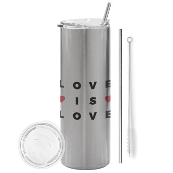Love is Love, Eco friendly ποτήρι θερμό Ασημένιο (tumbler) από ανοξείδωτο ατσάλι 600ml, με μεταλλικό καλαμάκι & βούρτσα καθαρισμού