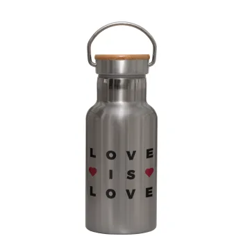 Love is Love, Μεταλλικό παγούρι θερμός (Stainless steel) Ασημένιο με ξύλινο καπακι (bamboo), διπλού τοιχώματος, 350ml