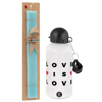 Love is Love, Easter Set, metallic aluminum water bottle (500ml) & scented flat candle (30cm) (TURQUOISE)