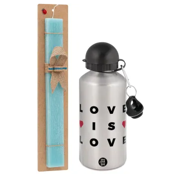 Love is Love, Easter Set, metallic silver aluminum water bottle (500ml) & scented flat Easter candle (30cm) (TURQUOISE)