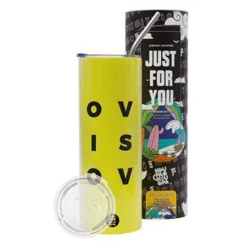 Love is Love, Neon Yellow Travel Tumbler θερμό, μεταλλικό καλαμάκι(Ανωξείδωτο 304 Food grade, BPA free, 600ml)