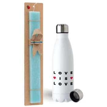 Love is Love, Easter Set, metallic stainless steel water bottle (750ml) & aromatic flat Easter candle (30cm) (TURQUOISE)