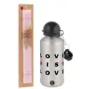 Easter Set, metallic Silver aluminum water bottle (500ml) & scented flat Easter candle (30cm) (PINK)