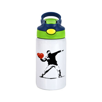 Banksy (The heart thrower), Children's hot water bottle, stainless steel, with safety straw, green, blue (350ml)
