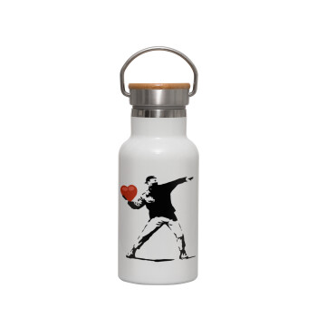 Banksy (The heart thrower), Μεταλλικό παγούρι θερμός (Stainless steel) Λευκό με ξύλινο καπακι (bamboo), διπλού τοιχώματος, 350ml