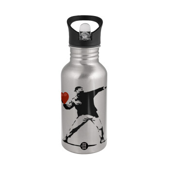 Banksy (The heart thrower), Παγούρι νερού Ασημένιο με καλαμάκι, ανοξείδωτο ατσάλι 500ml