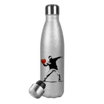 Banksy (The heart thrower), Μεταλλικό παγούρι θερμός Glitter Aσημένιο (Stainless steel), διπλού τοιχώματος, 500ml