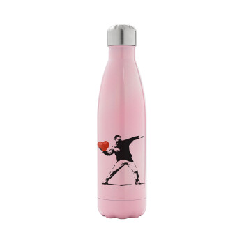 Banksy (The heart thrower), Metal mug thermos Pink Iridiscent (Stainless steel), double wall, 500ml