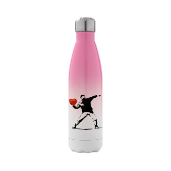 Banksy (The heart thrower), Μεταλλικό παγούρι θερμός Ροζ/Λευκό (Stainless steel), διπλού τοιχώματος, 500ml