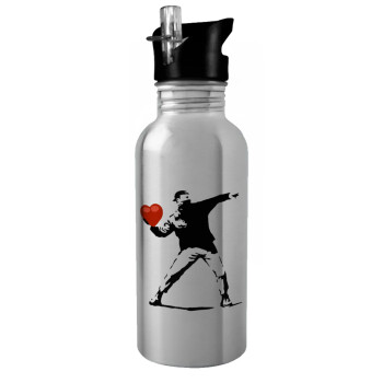 Banksy (The heart thrower), Water bottle Silver with straw, stainless steel 600ml