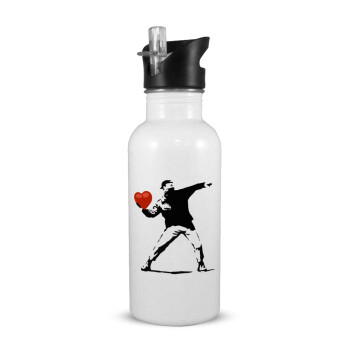 Banksy (The heart thrower), Παγούρι νερού Λευκό με καλαμάκι, ανοξείδωτο ατσάλι 600ml