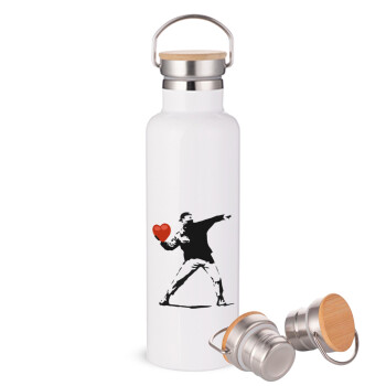 Banksy (The heart thrower), Μεταλλικό παγούρι θερμός (Stainless steel) Λευκό με ξύλινο καπάκι (bamboo), διπλού τοιχώματος, 750ml