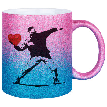 Banksy (The heart thrower), Κούπα Χρυσή/Μπλε Glitter, κεραμική, 330ml