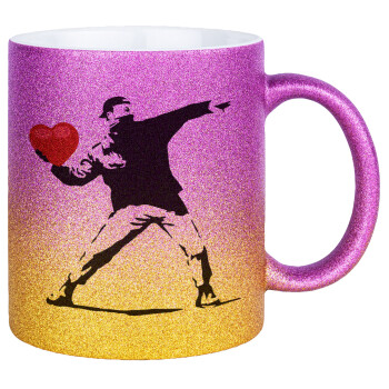 Banksy (The heart thrower), Κούπα Χρυσή/Ροζ Glitter, κεραμική, 330ml