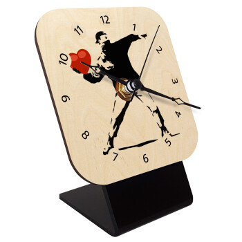 Banksy (The heart thrower), Quartz Table clock in natural wood (10cm)