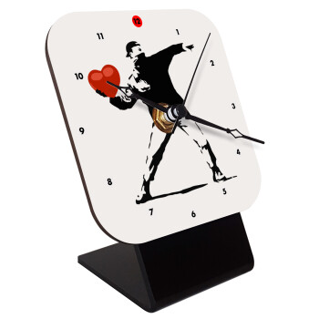Banksy (The heart thrower), Quartz Wooden table clock with hands (10cm)
